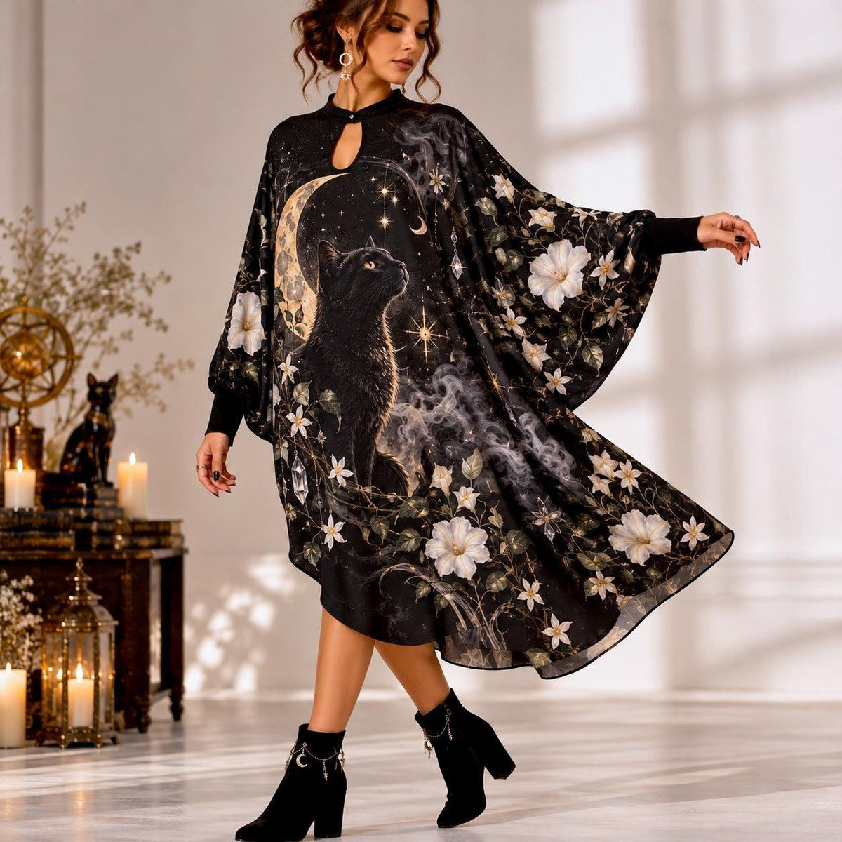 Black Cat Moon Garden Witchy Batwing Dress – Gothic Celestial Midi – worn, in motion