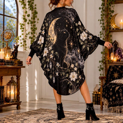 Black Cat Moon Garden Witchy Batwing Dress – Gothic Celestial Midi – worn, back view