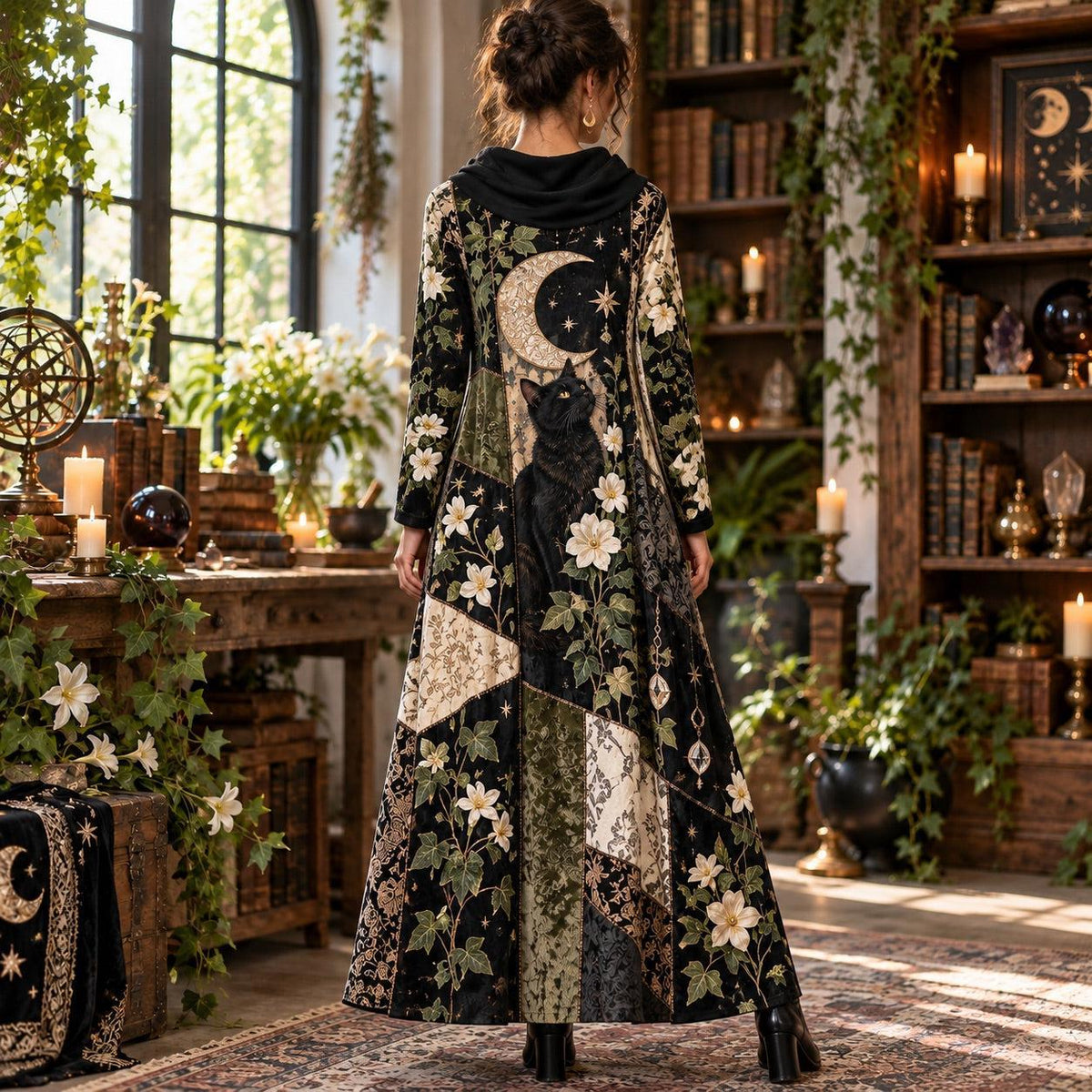 Black Cat Moon Garden Witchy Cowl Neck Dress – Gothic Patchwork Maxi – worn, back view