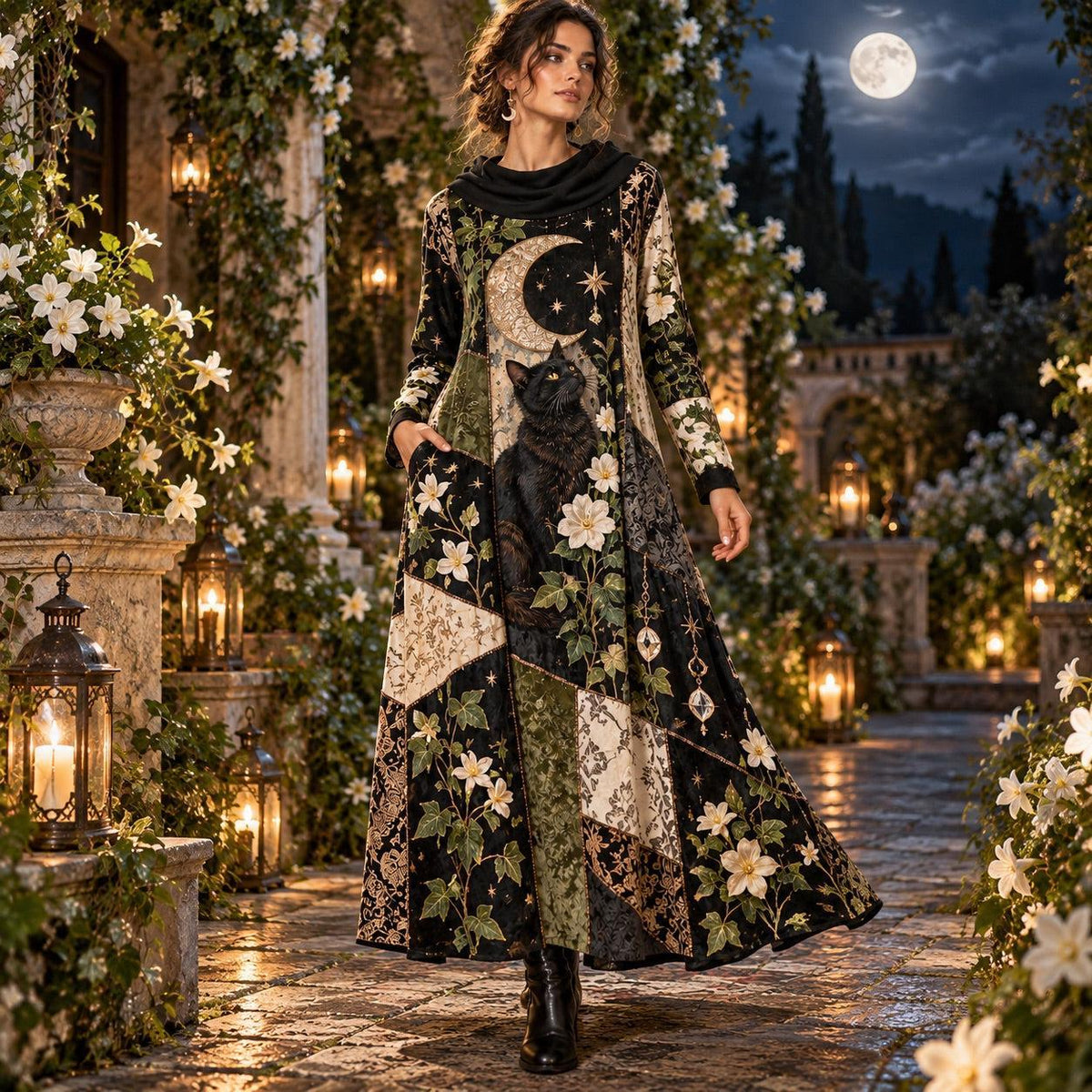 Black Cat Moon Garden Witchy Cowl Neck Dress – Gothic Patchwork Maxi – worn, in motion