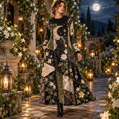 Black Cat Moon Garden Witchy Cowl Neck Dress – Gothic Patchwork Maxi – worn, in motion