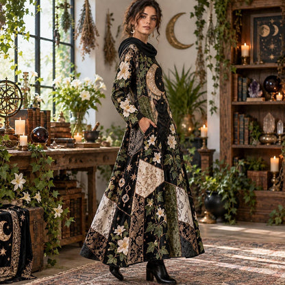 Black Cat Moon Garden Witchy Cowl Neck Dress – Gothic Patchwork Maxi – worn, three quarter view