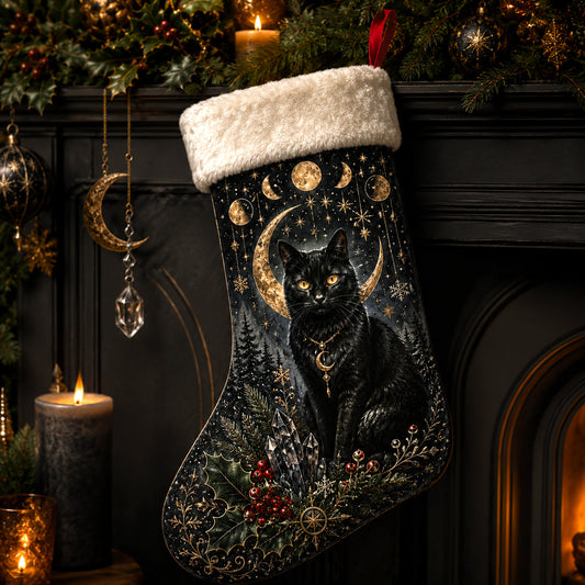 Black Cat Moon Phase Christmas Stocking Celestial Witchy Decor
