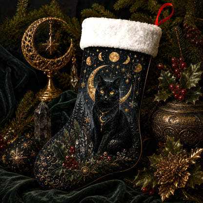 Black Cat Moon Phase Christmas Stocking Celestial Witchy Decor, styled shot 2