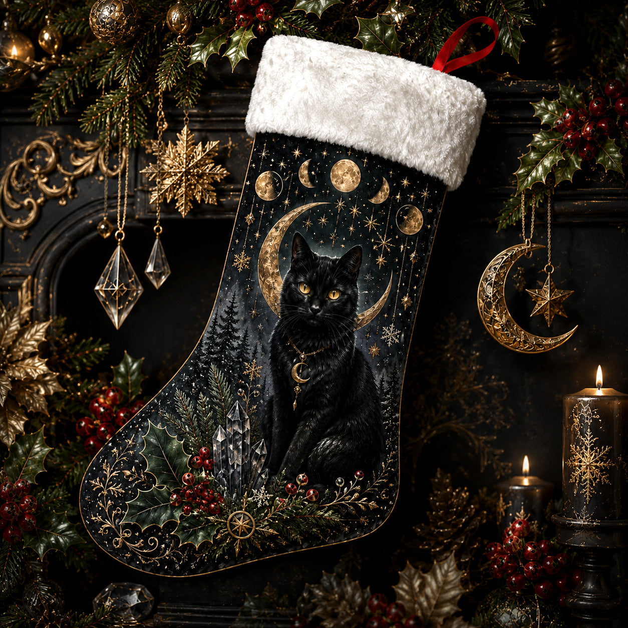 Black Cat Moon Phase Christmas Stocking Celestial Witchy Decor, styled shot 3