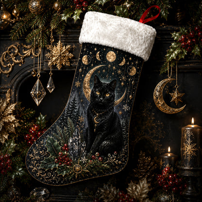 Black Cat Moon Phase Christmas Stocking Celestial Witchy Decor, styled shot 3