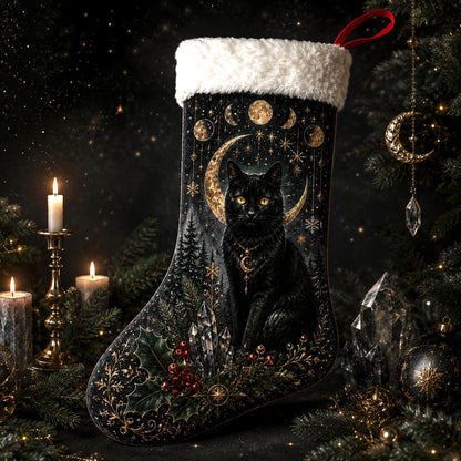 Black Cat Moon Phase Christmas Stocking Celestial Witchy Decor, styled shot 4