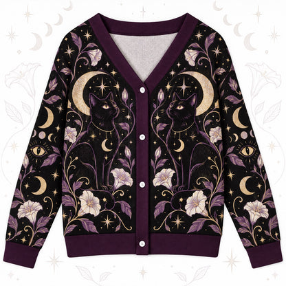 Black Cat Moonflower Crystal Witchy Cardigan for Women Purple Gold Moon, front view