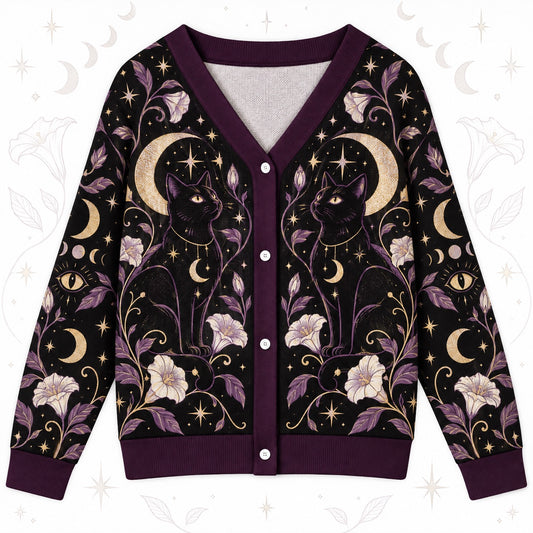 Black Cat Moonflower Crystal Witchy Cardigan for Women Purple Gold Moon, front view