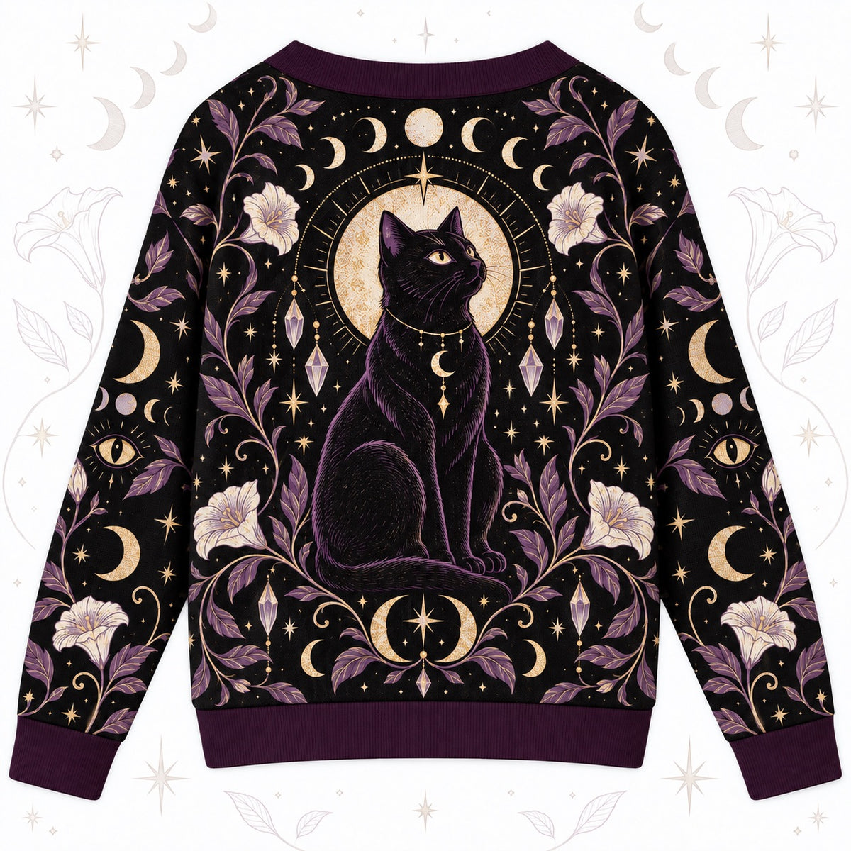 Black Cat Moonflower Crystal Witchy Cardigan for Women Purple Gold Moon, back view