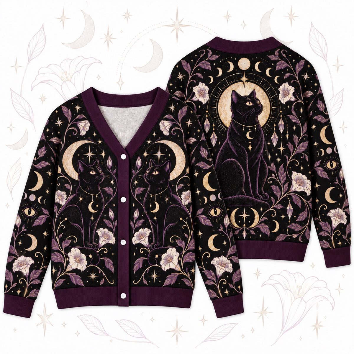 Black Cat Moonflower Crystal Witchy Cardigan for Women Purple Gold Moon, front and back shown together