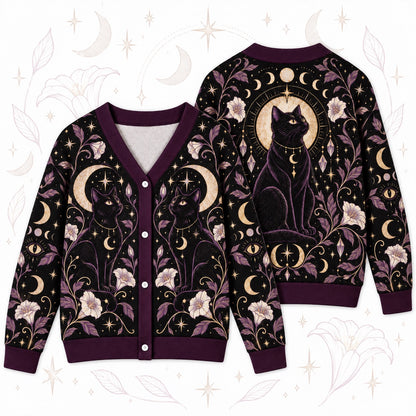 Black Cat Moonflower Crystal Witchy Cardigan for Women Purple Gold Moon, front and back shown together