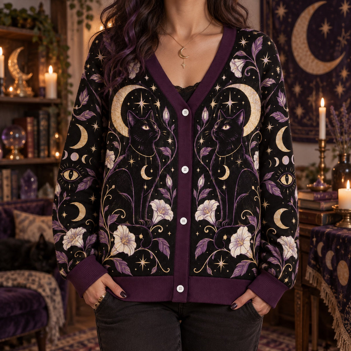 Black Cat Moonflower Crystal Witchy Cardigan for Women Purple Gold Moon, worn, front view
