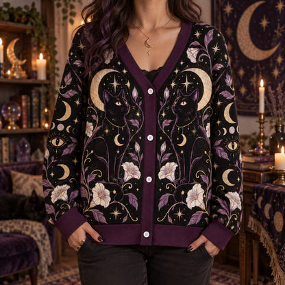 Black Cat Moonflower Crystal Witchy Cardigan for Women Purple Gold Moon, worn, front view