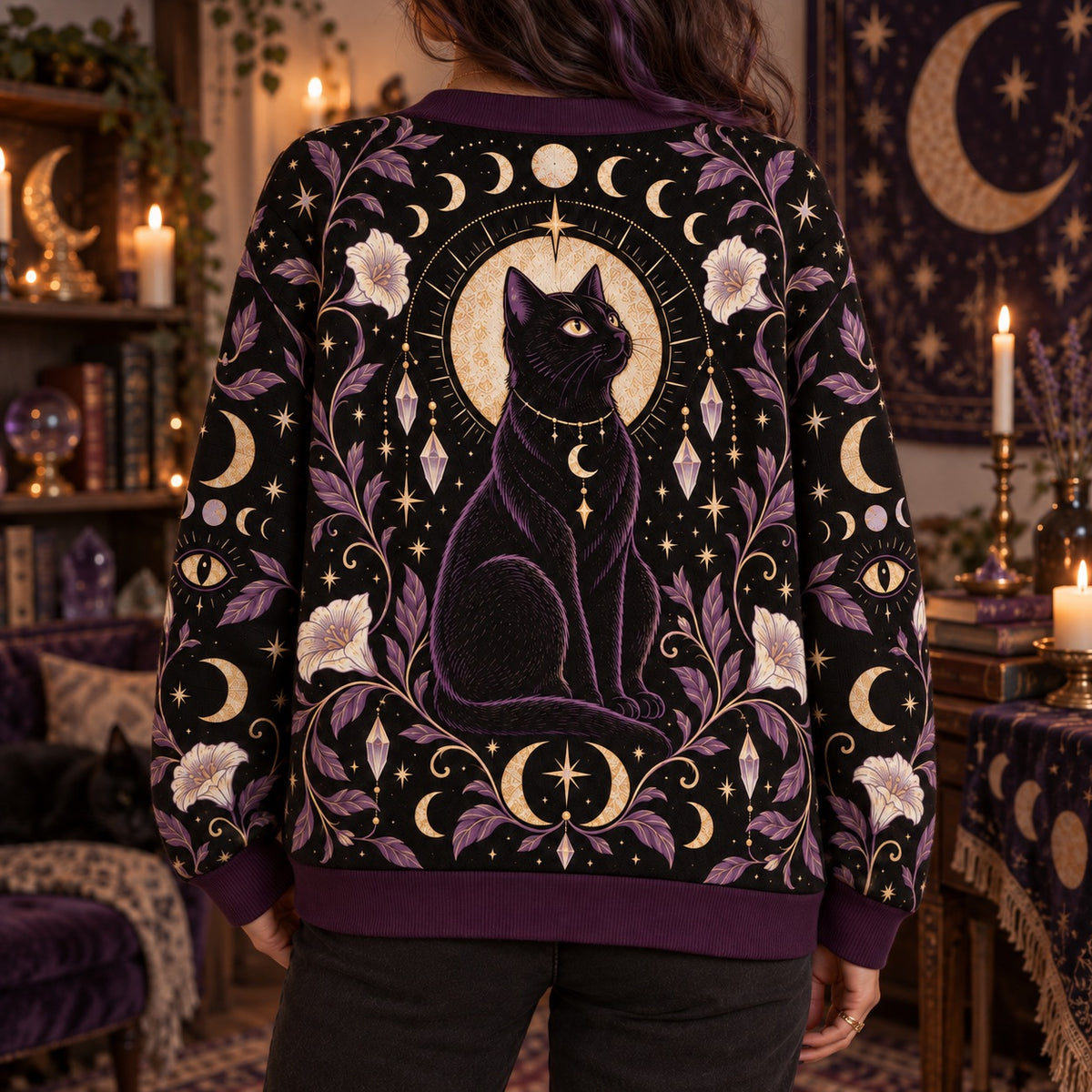 Black Cat Moonflower Crystal Witchy Cardigan for Women Purple Gold Moon, worn, back view
