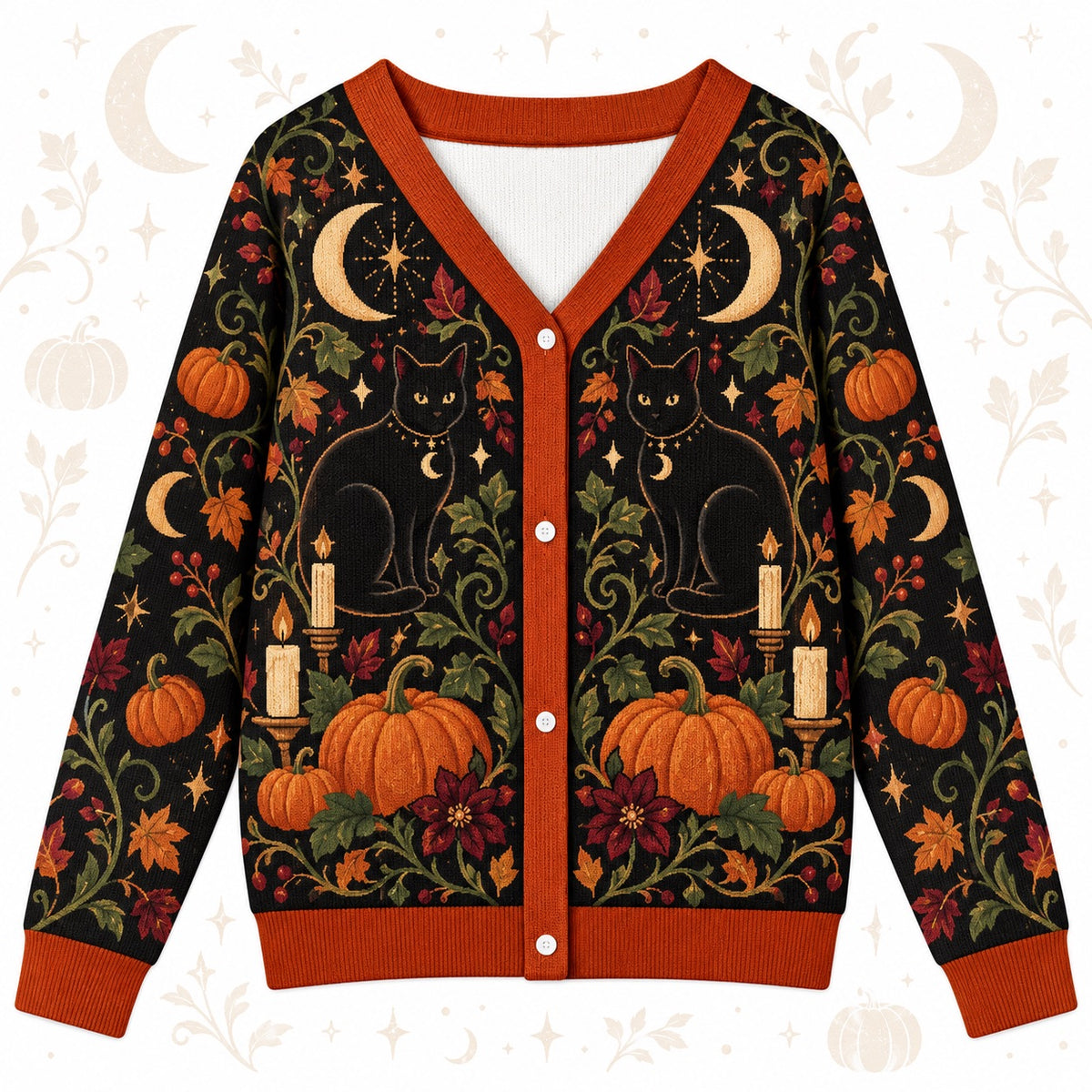 Black Cat Pumpkin Mushroom Halloween Cardigan for Women Witchy Fall, front view
