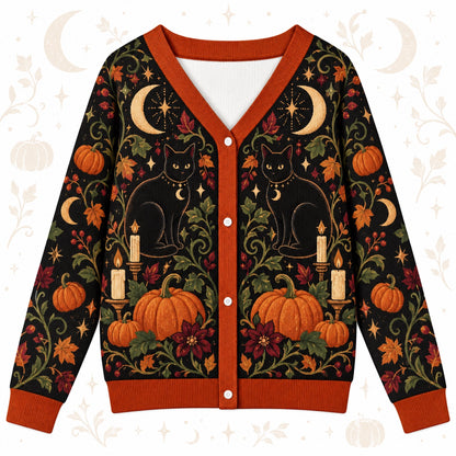 Black Cat Pumpkin Mushroom Halloween Cardigan for Women Witchy Fall, front view