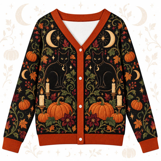 Black Cat Pumpkin Mushroom Halloween Cardigan for Women Witchy Fall, front view