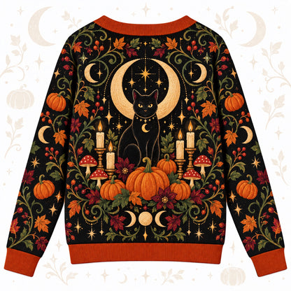 Black Cat Pumpkin Mushroom Halloween Cardigan for Women Witchy Fall, back view