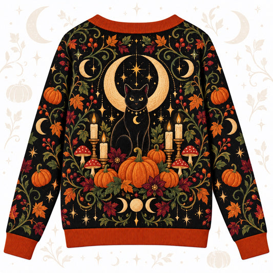 Black Cat Pumpkin Mushroom Halloween Cardigan for Women Witchy Fall, back view