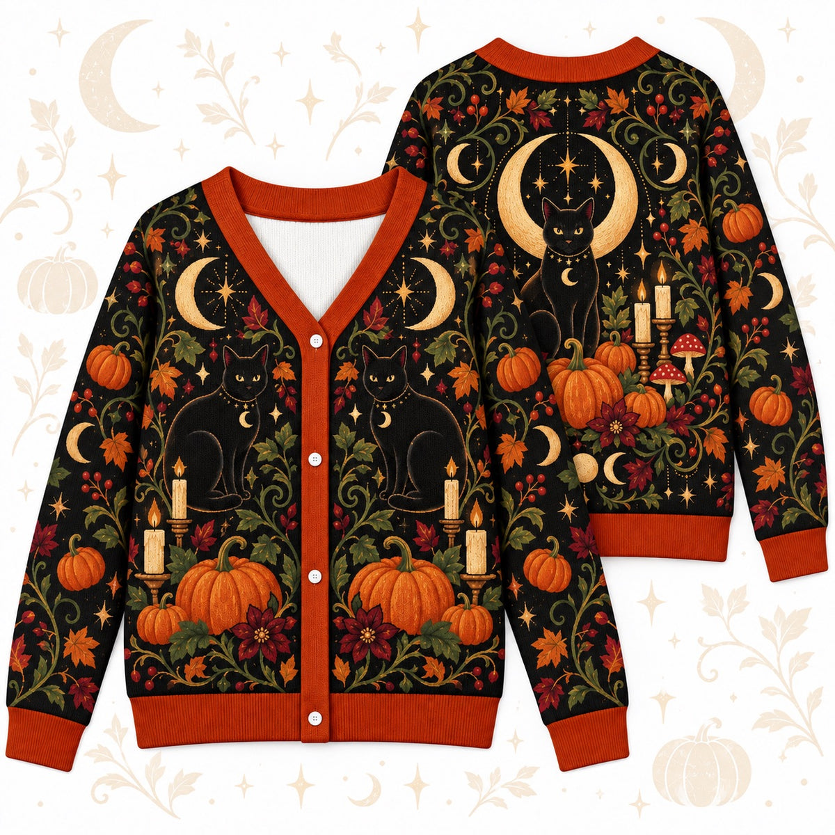 Black Cat Pumpkin Mushroom Halloween Cardigan for Women Witchy Fall, front and back shown together