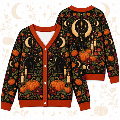 Black Cat Pumpkin Mushroom Halloween Cardigan for Women Witchy Fall, front and back shown together
