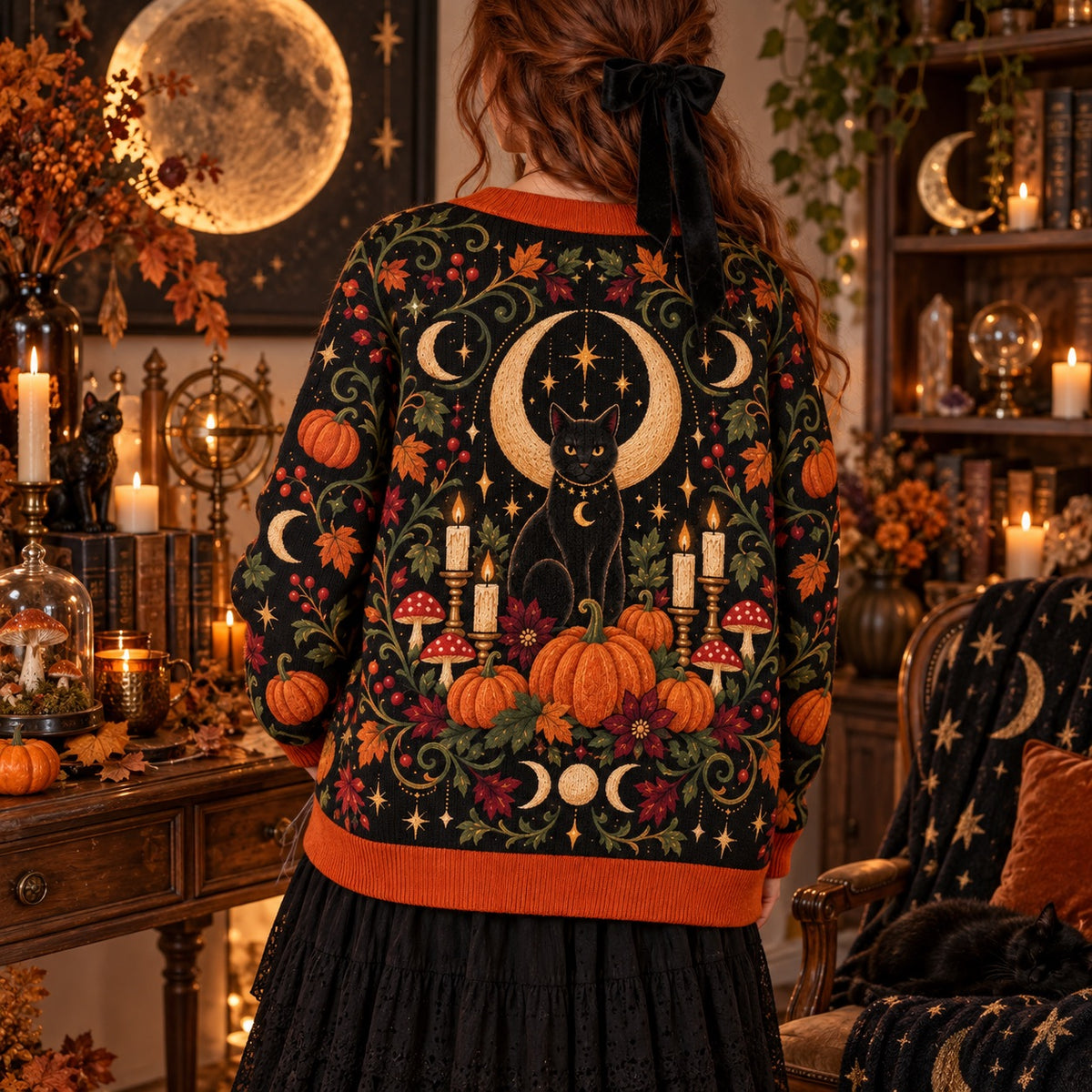 Black Cat Pumpkin Mushroom Halloween Cardigan for Women Witchy Fall, worn, back view