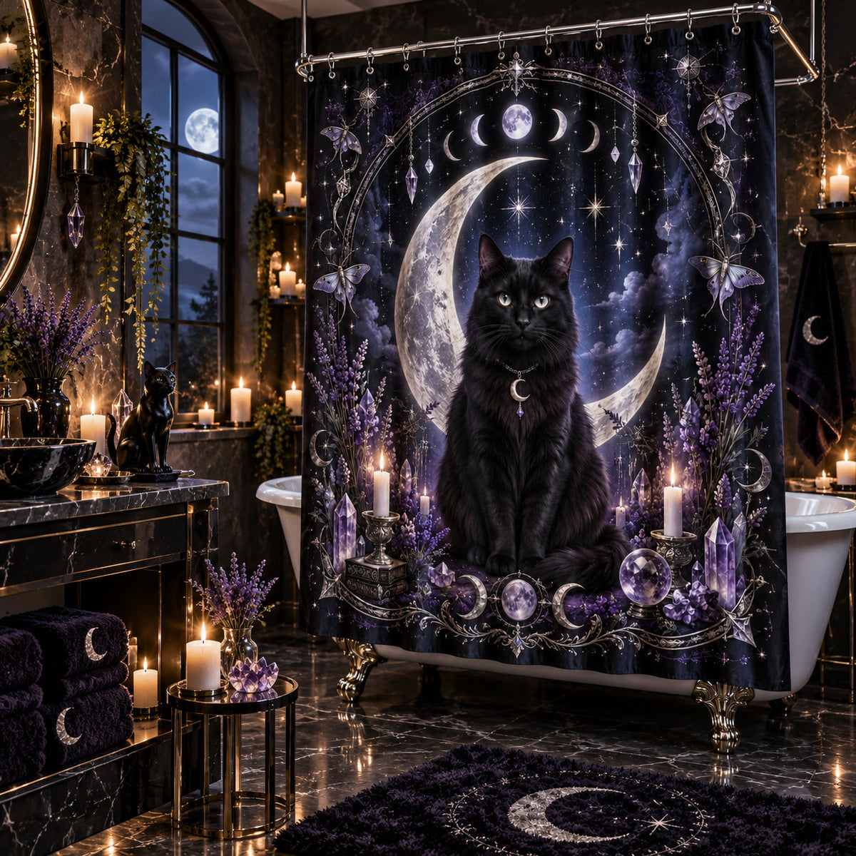 Black Cat Shower Curtain - Moon Phase Amethyst Witchy Decor, styled shot 2