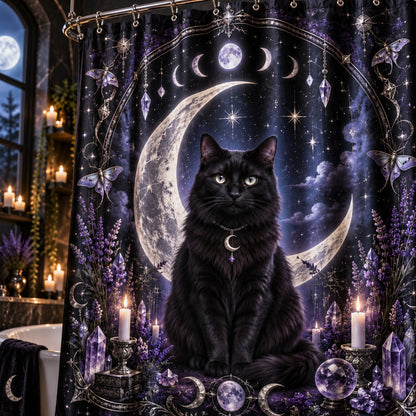Black Cat Shower Curtain - Moon Phase Amethyst Witchy Decor, styled shot 3