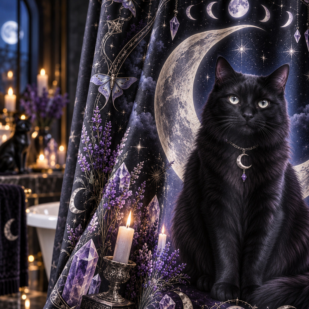 Black Cat Shower Curtain - Moon Phase Amethyst Witchy Decor, styled shot 4