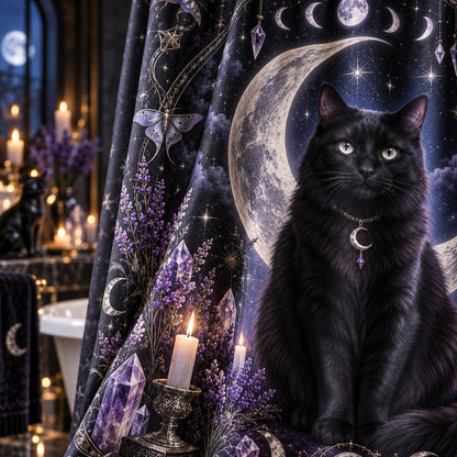 Black Cat Shower Curtain - Moon Phase Amethyst Witchy Decor, styled shot 4