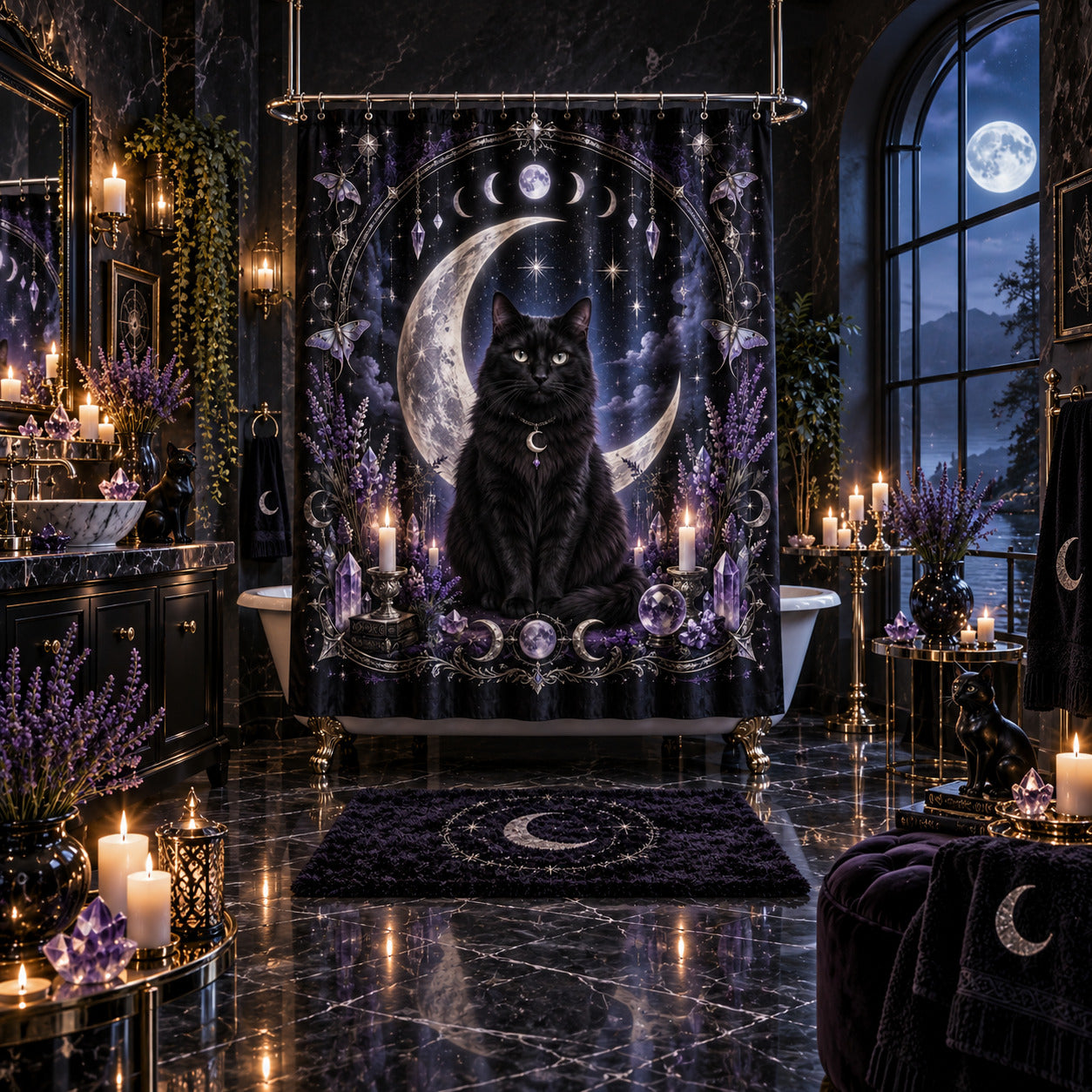 Black Cat Shower Curtain - Moon Phase Amethyst Witchy Decor, styled shot 5
