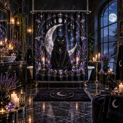 Black Cat Shower Curtain - Moon Phase Amethyst Witchy Decor, styled shot 5
