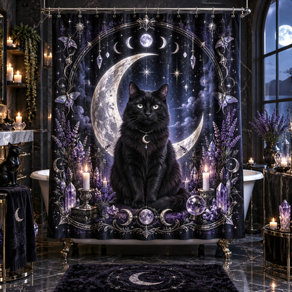 Black Cat Shower Curtain - Moon Phase Amethyst Witchy Decor