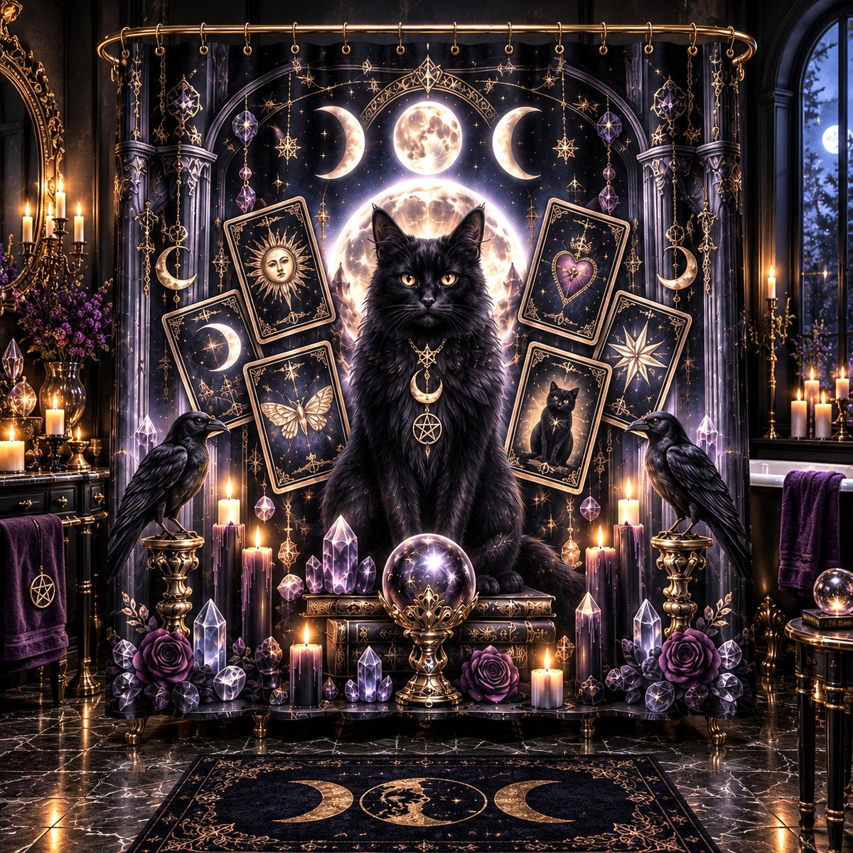 Black Cat Shower Curtain - Triple Moon Tarot Witchy Decor