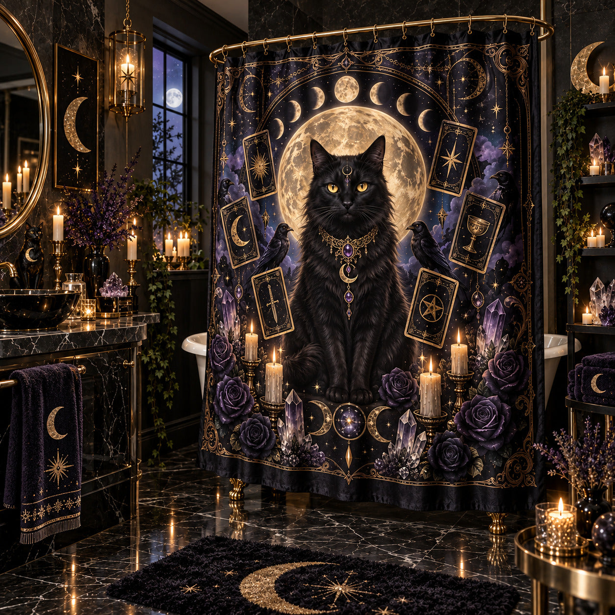 Black Cat Tarot Shower Curtain - Witchy Moon Bathroom Decor, styled shot 2