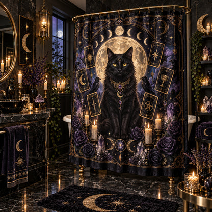 Black Cat Tarot Shower Curtain - Witchy Moon Bathroom Decor, styled shot 2