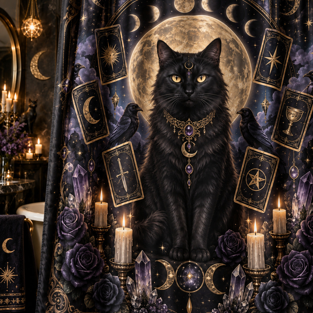 Black Cat Tarot Shower Curtain - Witchy Moon Bathroom Decor, styled shot 4