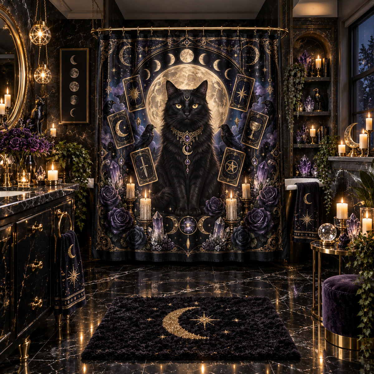 Black Cat Tarot Shower Curtain - Witchy Moon Bathroom Decor, styled shot 5