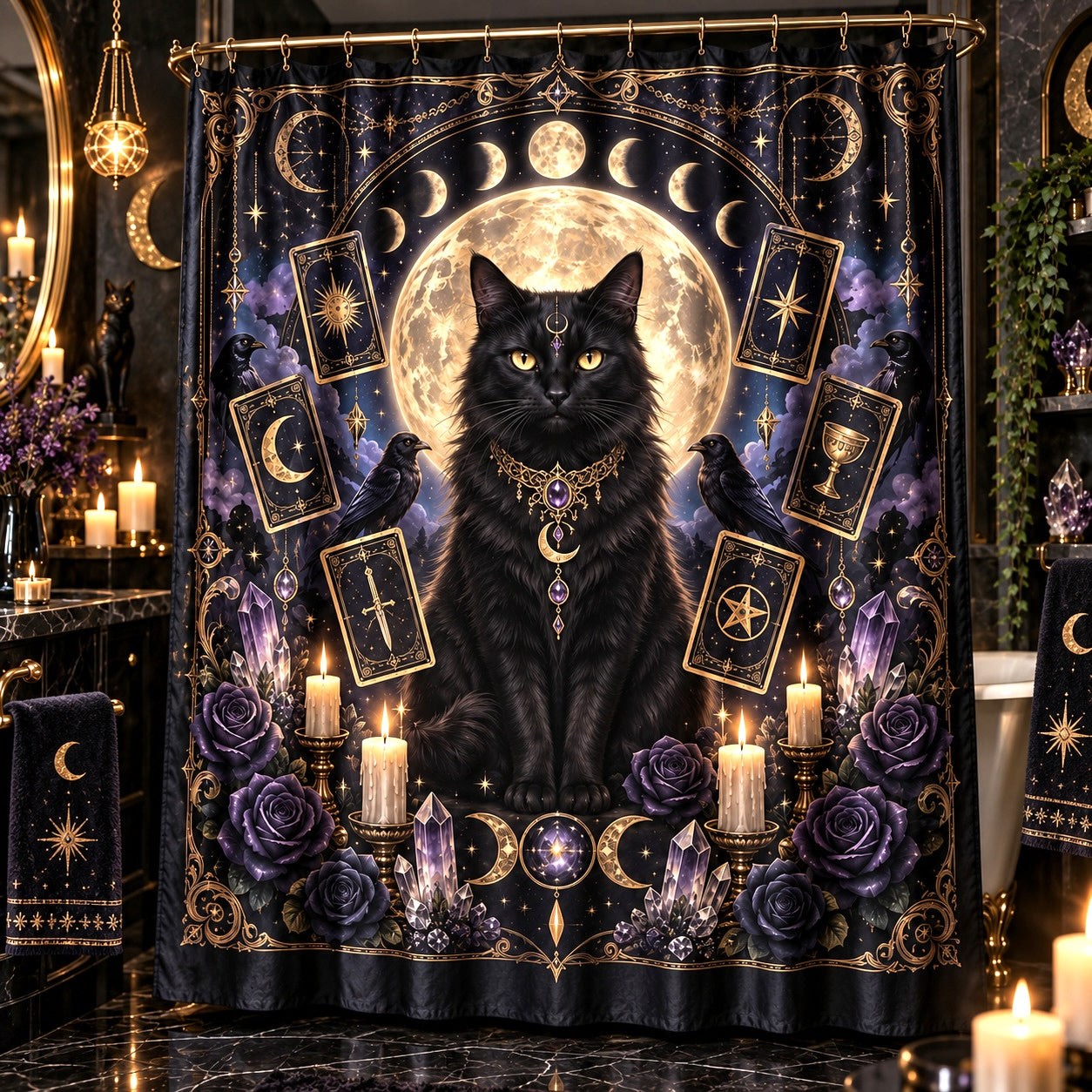 Black Cat Tarot Shower Curtain - Witchy Moon Bathroom Decor