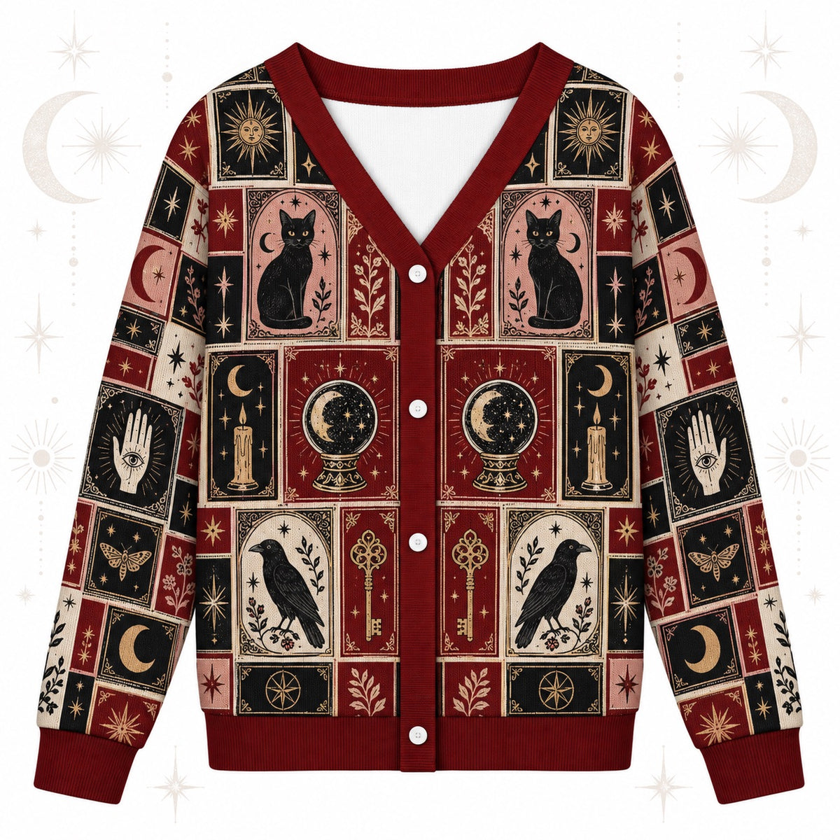 Black Cat Triple Moon Tarot Patchwork Cardigan for Women Witchy Red, front view