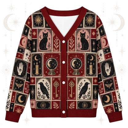 Black Cat Triple Moon Tarot Patchwork Cardigan for Women Witchy Red, front view