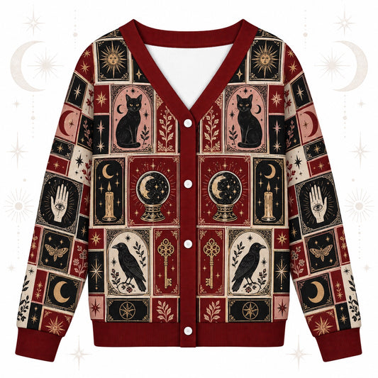 Black Cat Triple Moon Tarot Patchwork Cardigan for Women Witchy Red, front view