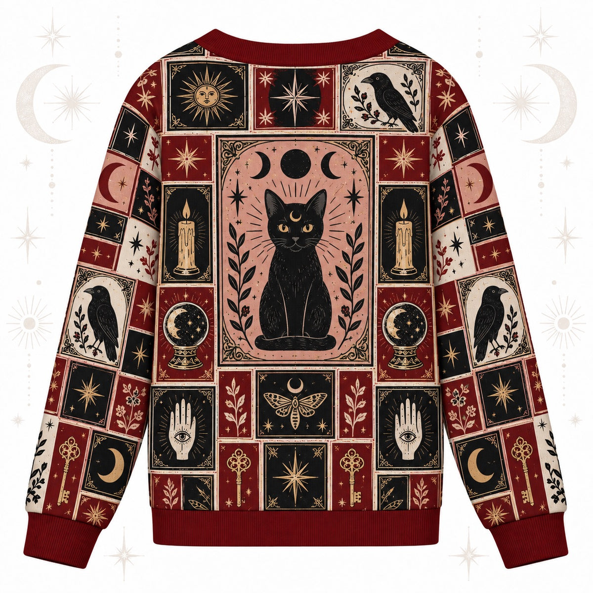 Black Cat Triple Moon Tarot Patchwork Cardigan for Women Witchy Red, back view