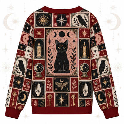 Black Cat Triple Moon Tarot Patchwork Cardigan for Women Witchy Red, back view