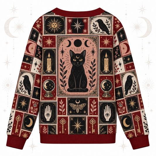Black Cat Triple Moon Tarot Patchwork Cardigan for Women Witchy Red, back view