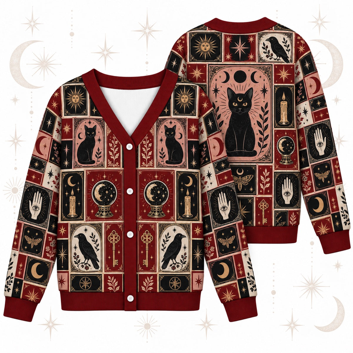 Black Cat Triple Moon Tarot Patchwork Cardigan for Women Witchy Red, front and back shown together