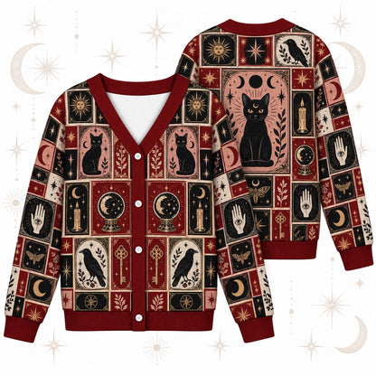 Black Cat Triple Moon Tarot Patchwork Cardigan for Women Witchy Red, front and back shown together