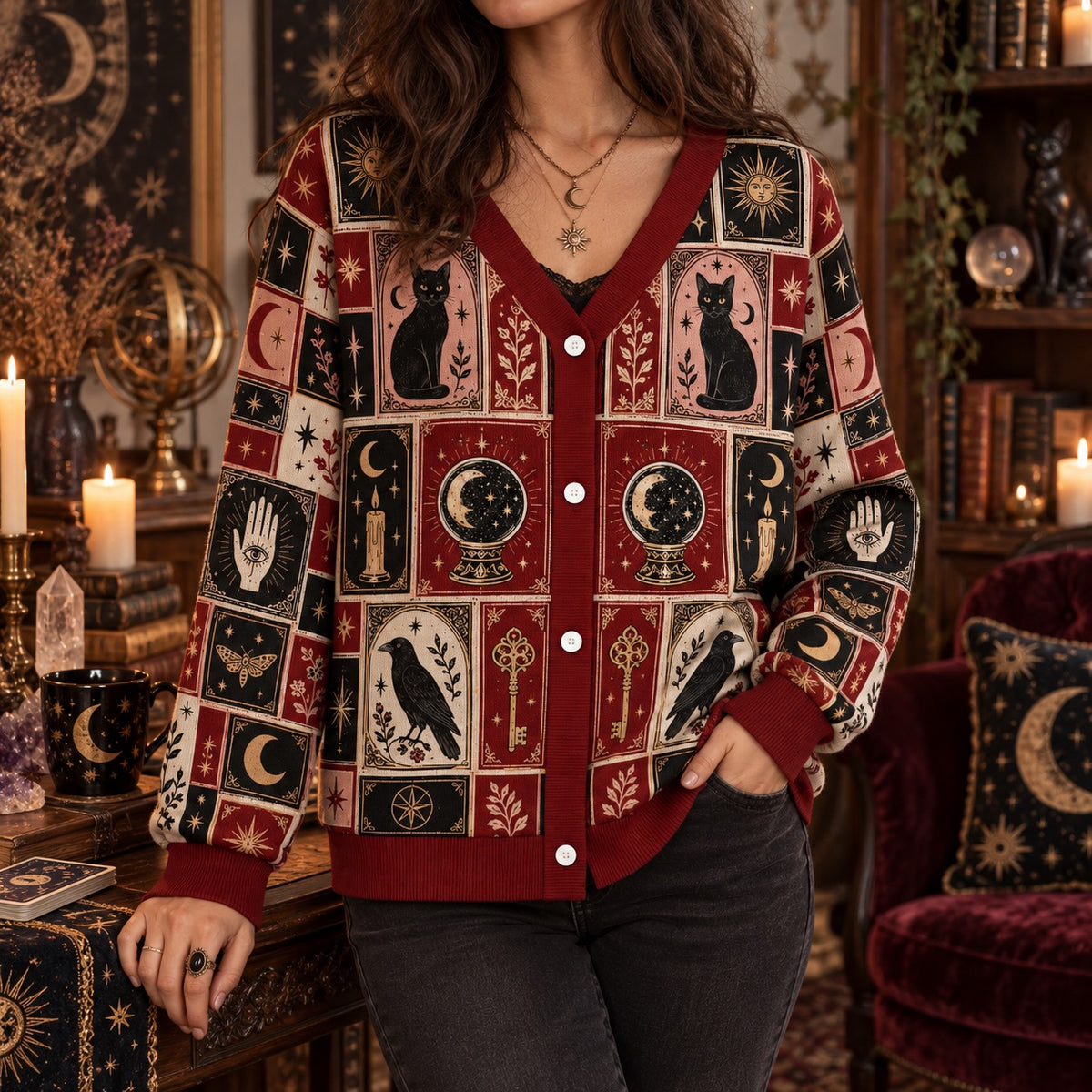 Black Cat Triple Moon Tarot Patchwork Cardigan for Women Witchy Red, worn, front view