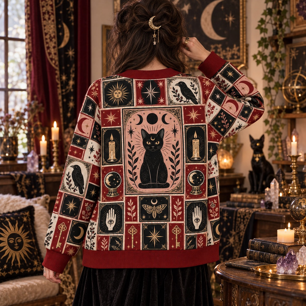 Black Cat Triple Moon Tarot Patchwork Cardigan for Women Witchy Red, worn, back view